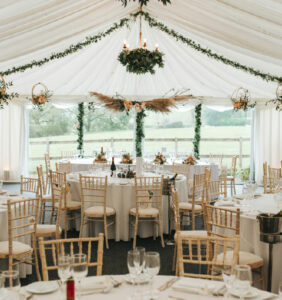 Marquee dressed for a wedding at Hilltop Country House.