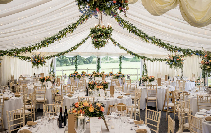 Inside the decorated marquee at Hilltop Country House.