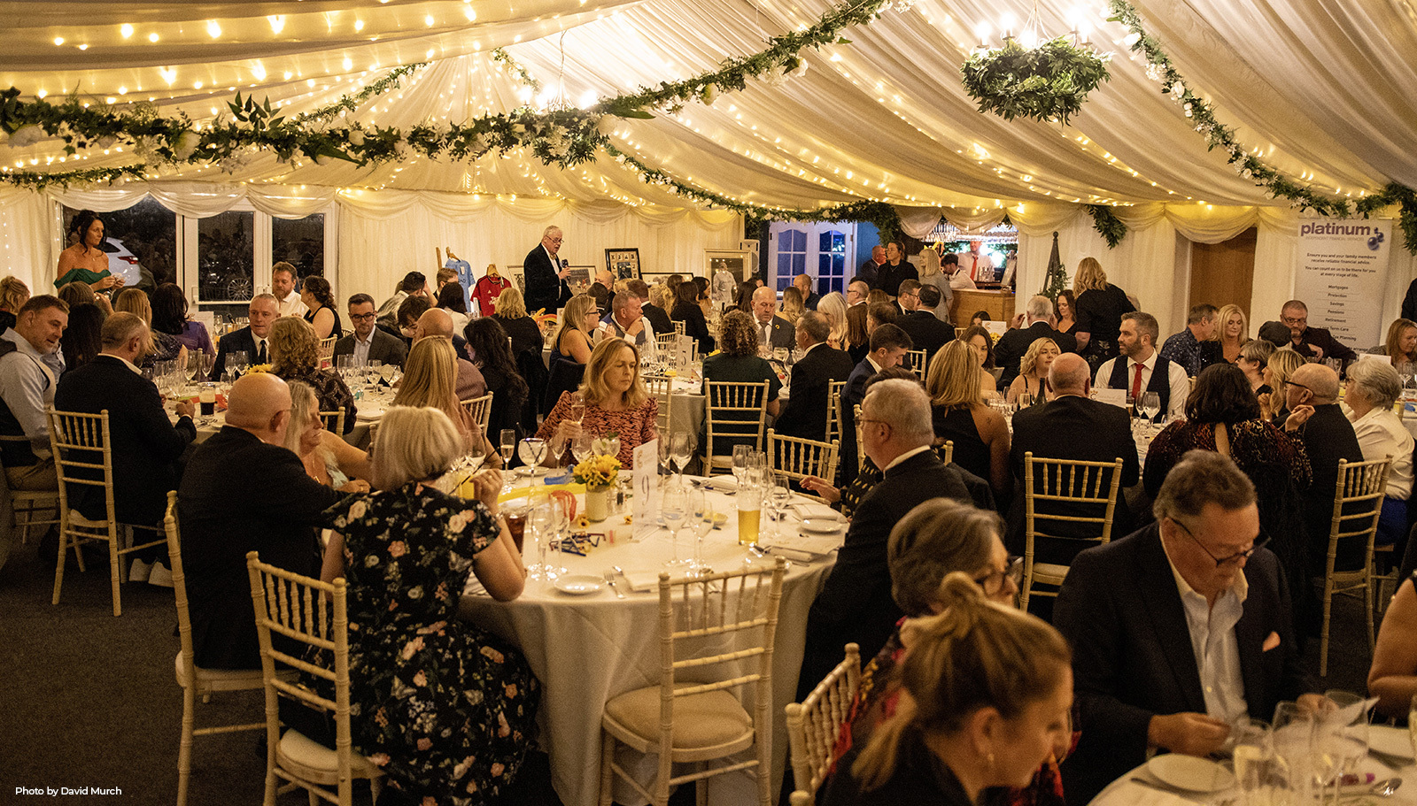 Attendees of the recent East Cheshire Hospice fundraising evening, enjoying their meal in the Marquee at Hilltop Country House